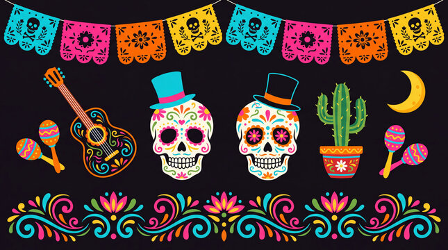 Festive Day of the Dead graphic set featuring decorated sugar skulls, colorful papel picado banners, a cactus, guitar, and maracas on a black background.