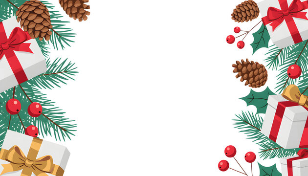 Beautiful festive border design with Christmas gifts and pine branches