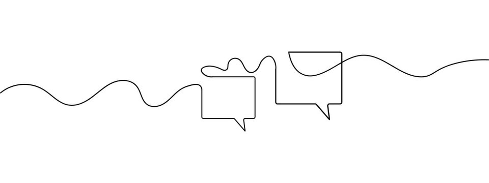 Continuous single line drawing of two square speech bubbles for communication and chat