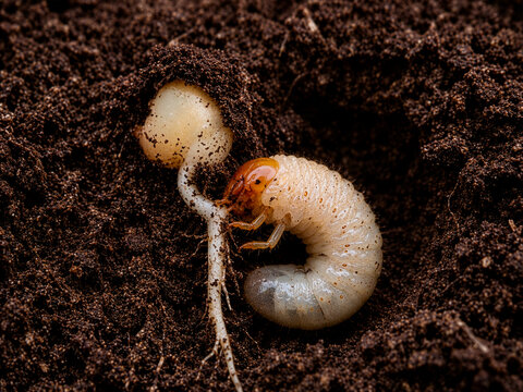 White grub feeding on germinating soybean seed underground in agricultural soil