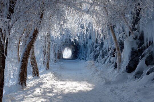 Snow-covered pathway lined with frosted trees and ice formations creating a natural winter tunnel leading to a bright exit on a cold, sunny day