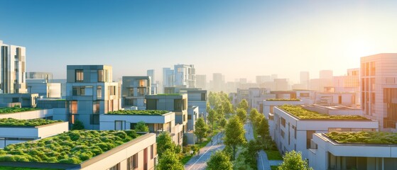 Obraz premium Modern city landscape with buildings and greenery during sunrise