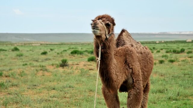 Young camel stands in green field, looking up with mouth open and ears back