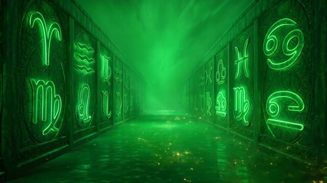 Glowing green astrological zodiac corridor with mystical magic energy portal Symbols