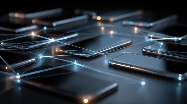 Futuristic digital network visualization connecting multiple sleek modern smartphones to represent data flow and wireless communication technology concept