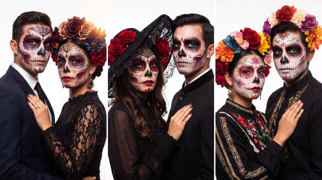A triptych of couples wearing ornate Calavera makeup, flower crowns, and black traditional attire, celebrating the Mexican Day of the Dead on white background.