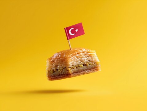 turkish baklava with flag on yellow background