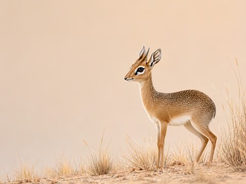 Wild Animal Background - Dik-dik. Small antelope standing on sandy terrain with sparse grass, showcasing its delicate features and alert posture in a natural habitat