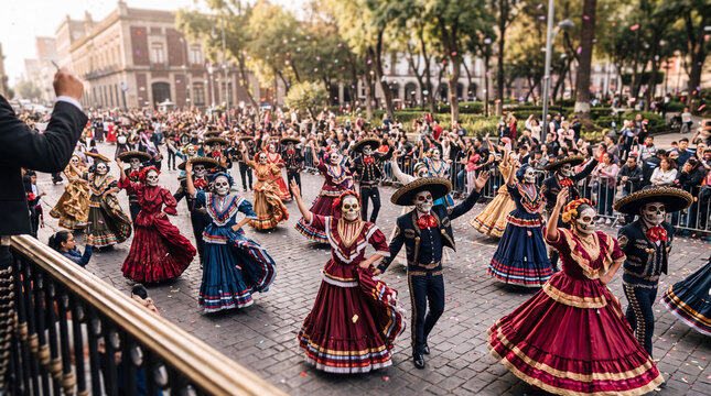 A vibrant Day of the Dead parade in Mexico City, featuring dancers in traditional Charro and Catrina costumes dancing on a cobblestone street with confetti.