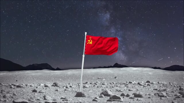 Soviet union flag waving on moon surface lunar landscape video footage