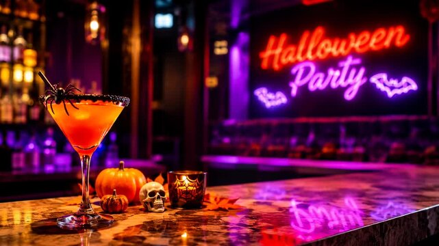 Spooky orange cocktail with spider garnish beside pumpkins and a skull on a neon-lit bar counter with copy space.