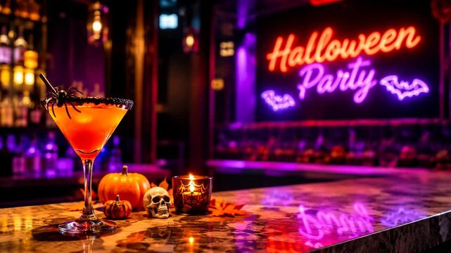Orange cocktail with a spider garnish, pumpkins, skull and candle on a neon-lit bar counter with Halloween party decor.