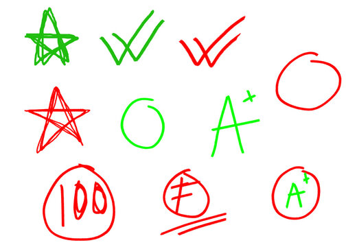 Handwritten school grading marks, stars, checkmarks, circles, and a plus grades isolated on transparent background
