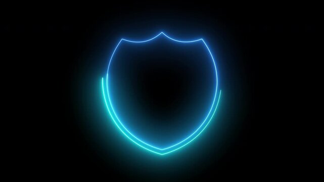 Neon shield animation on black background. Animated shield 4K Resolution. Blue color line shield.