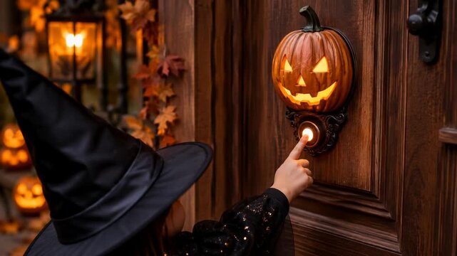 Child in a witch costume pressing doorbell doing trick or treat on Halloween. 