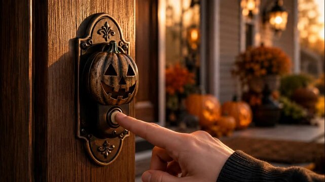 Close-up of a hand pressing a pumpkin-shaped jack-o-lantern doorbell on a warmly lit front porch decorated for Halloween