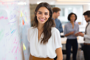 Fototapeta premium Portrait of happy smiling confident young very attractive businesswoman CEO professional manager entrepreneur in a skirt presenting at a business meeting in front of a whiteboard looking at camera