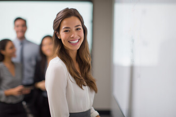 Fototapeta premium Portrait of happy smiling confident young very attractive businesswoman CEO professional manager entrepreneur in a skirt presenting at a business meeting in front of a whiteboard looking at camera