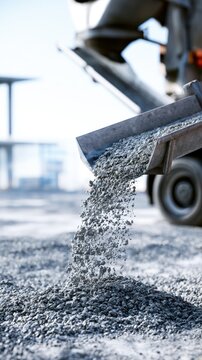 Industrial gray gravel being poured from a metal chute onto a construction site ground in bright daylight with blurred heavy machinery in the background