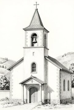 Pencil sketch of small stone church with bell tower