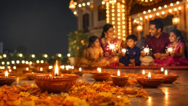 Happy Indian family celebrating Diwali festival together at night with traditional clay diya oil lamps, sparklers, and decorative flower garlands outside their beautifully illuminated home.