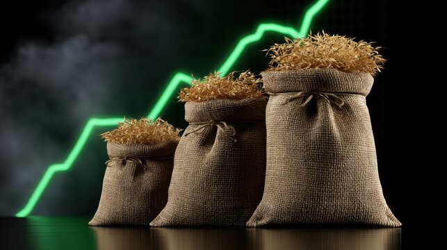 Burlap sacks filled with grain arranged in ascending order with a glowing green upward trend line symbolizing agricultural growth and financial success