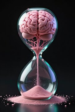 Human brain inside hourglass with falling sand