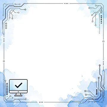 Blue circuit board frame with computer checkmark icon