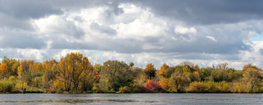 Panoramic autumn landscape with colorful trees near river under cloudy sky