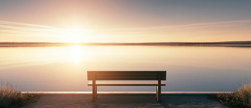 Sunrise over the water with a bench facing the horizon at a lakeside area in the early morning
