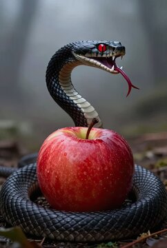 Black snake coiled around red apple
