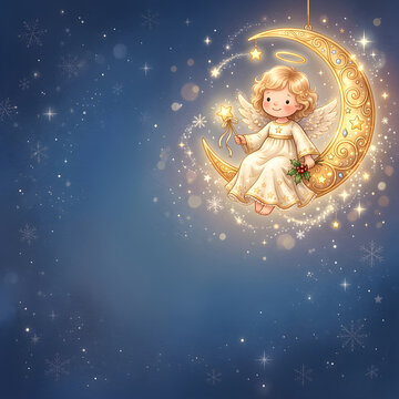 Adorable Christmas angel sitting on a golden crescent moon in one corner, surrounded by subtle snowflakes and sparkles, elegant empty space for greetings.