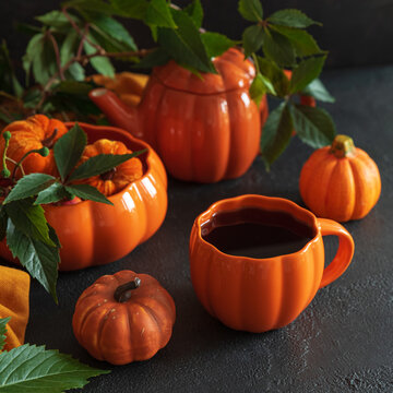 Autumn Harvest Festive Set Featuring Pumpkin Shaped Teapot and Coffee Mug