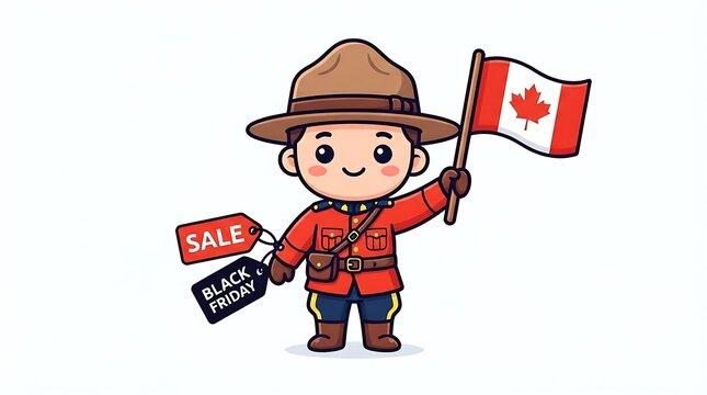 Cute cartoon canadian mountie holding a canadian flag and shopping sale tags for black friday promotion