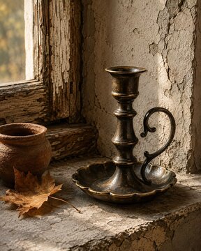 Old candlestick on weathered windowsill
