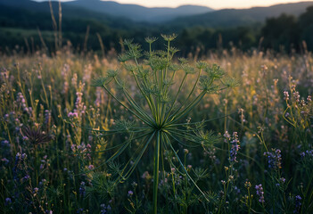 Obraz premium Wildflower meadow with a prominent green plant in the foreground and mountains in the distance at sunset