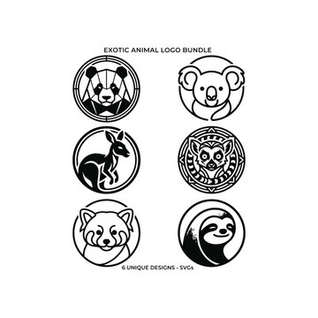 A premium bundle of 6 unique circular exotic animal head vector logos featuring a panda, koala, kangaroo, lemur, red panda, and sloth