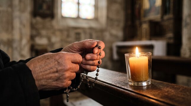 Elderly hands holding rosary beads in a church with a lit candle nearby