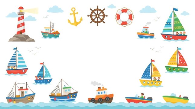 Commercial children's boat clipart collection featuring colorful sailboats, fishing boats, tugboats and small motorboats with gentle ocean waves, anch