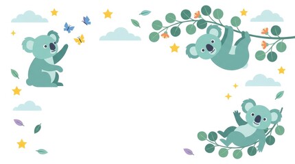 Naklejka premium Cute koala clipart pack with playful poses, eucalyptus leaves, butterflies, flowers, tiny birds, stars and hearts, cheerful children's illustration th