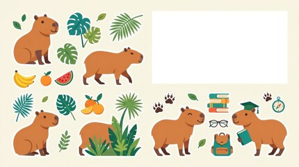 Obraz premium Educational capybara clipart set with simple anatomy-friendly proportions, multiple poses, paw prints, tropical plants, fruits and playful accessorie