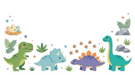 Fototapeta premium Premium children's dinosaur clipart pack with adorable baby Tyrannosaurus, Triceratops, Stegosaurus and Brachiosaurus, dinosaur eggs, footprints, fern