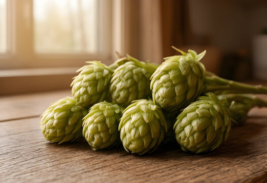 Fresh green hop cones on a rustic wooden table with natural light from a window brewing ingredient and craft beer, these raw ingredients are essential for brewing beer contributing to its flavor