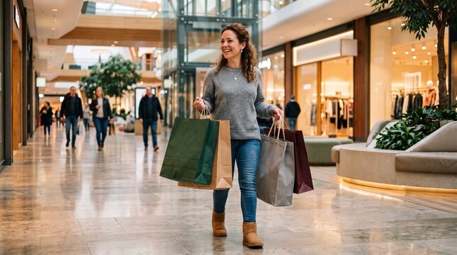 Happy woman walking through a modern shopping mall carrying multiple shopping bags