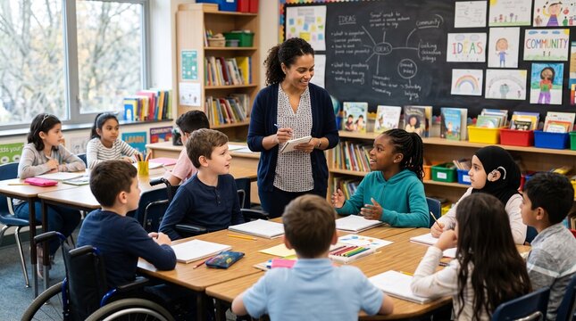 Diverse elementary school classroom with teacher interacting with students engaged in learning activities