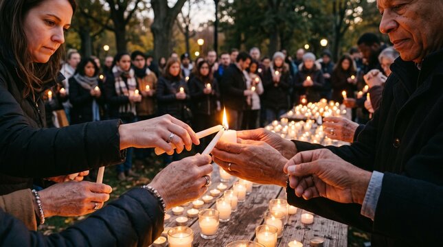 Diverse group of people holding lit candles during a vigil or memorial event outdoors at dusk