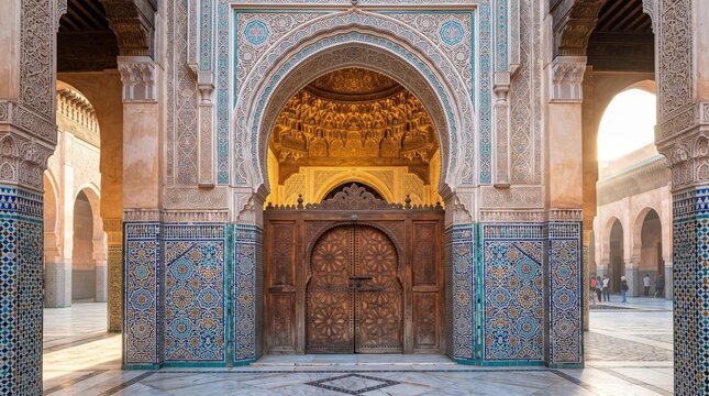 Islamic architecture with ornate zellij tilework, traditional Moroccan courtyard with carved wooden doors, intricate mosaic patterns in a historic madrasa