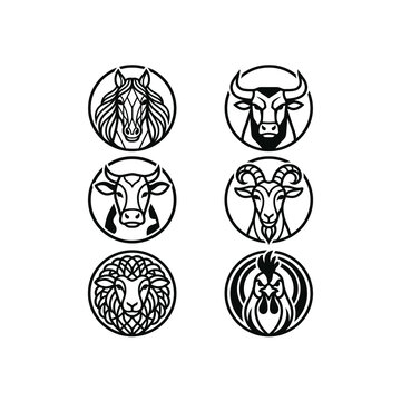 A premium bundle of 6 unique circular farm animal head vector logos featuring a horse, bull, cow, goat, sheep, and rooster