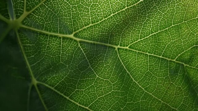 Extreme close up macro shot of a vibrant green grape leaf veins moving gently in the natural summer breeze captured in high quality