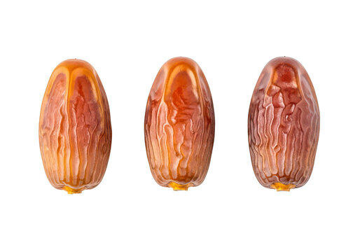 Three dried date fruits isolated on transparent background
